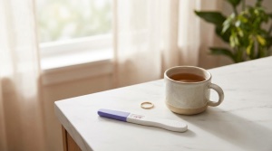 Clean lifestyle shot of a positive pregnancy test on beautiful marble surface, soft morning light, hopeful and exciting mood