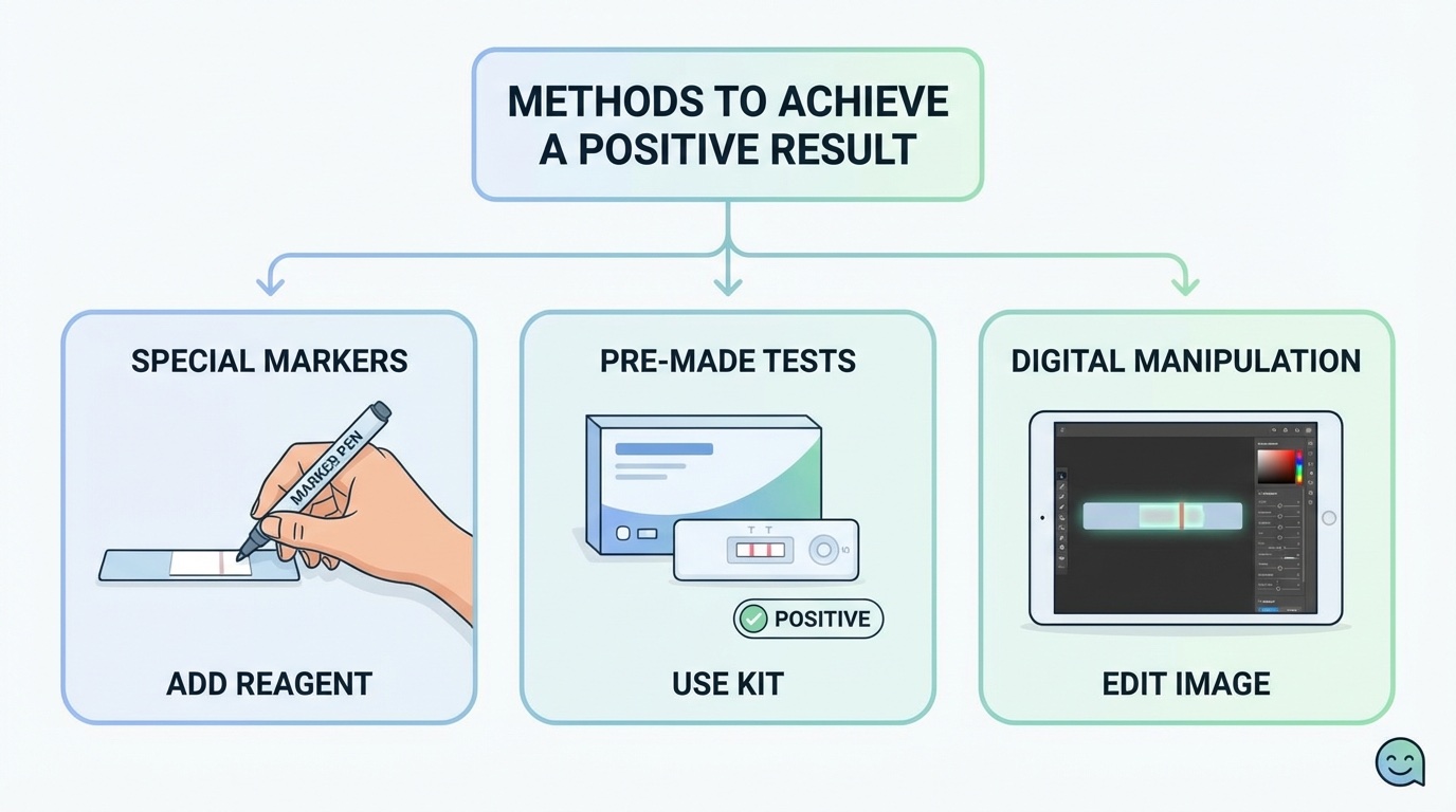 Illustrated diagram showing different methods to create positive result: special markers, pre-made tests, digital manipulation